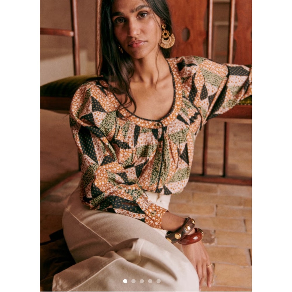 Sezane Oana Shirt Graphic Patchwork Organic Cotton Blouse Size 4 36